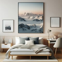 Bedroom sets have template mockup poster empty white with Bedroom interior and a poster art photo photo has illustrative meaning.