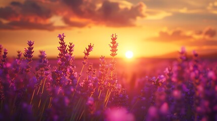 A breathtaking sunset over a field of purple lavender flowers, casting a golden glow over the...