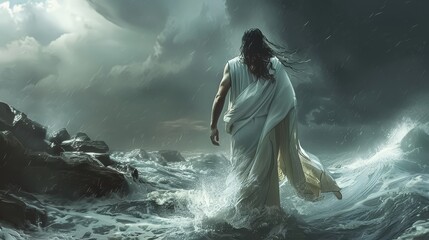 Jesus walking on the water with stormy waves, he has long hair and is wearing white robes, back...