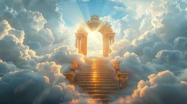 Stairs leading to the gates of heaven amid clouds