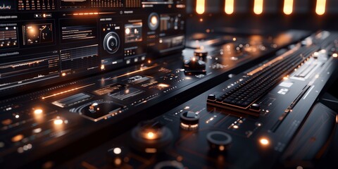 an advanced audio production console, featuring a multitude of controls and illuminated interfaces.