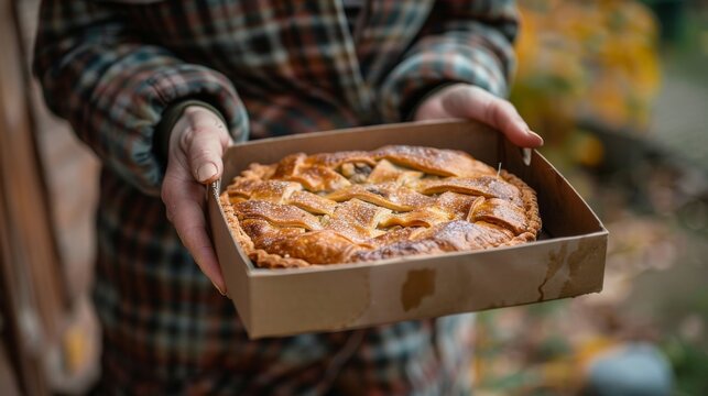 Person Holding Freshly Baked Apple Pie in Autumn. Generative ai