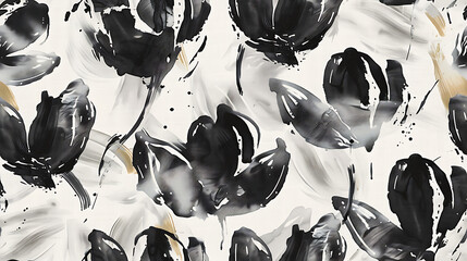 Seamless Pattern: Dynamic Tulips and Chrysanthemums: Black Ink with Silver or Gold Accents on Off-White Background with loose brush strokes - Seamless tile. Endless and repeat print.