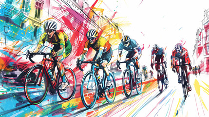 Tour de France cycling sport competition, colored line art illustration; intense race. Spectacular world famous bicycle competition in France, europe. Poster or background design.