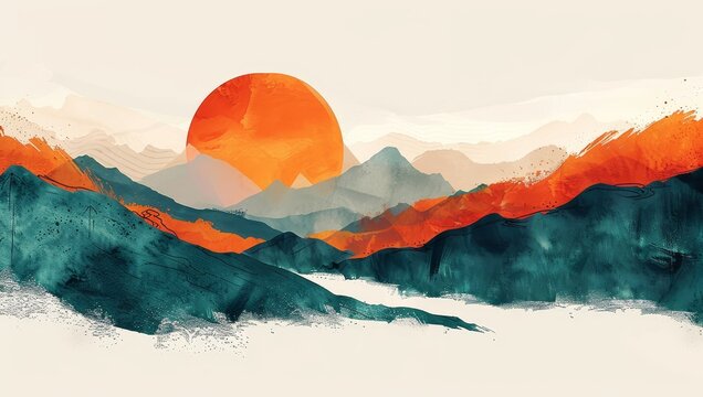 A hand drawn illustration of an abstract background with orange and teal gradients, a sun setting behind mountains, a white space in the middle for text, simple lines