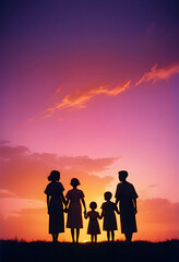 Fototapeta premium a sunset with the silhouettes of families holding hands and the sun setting behind them
