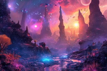 Vibrant digital art of a mystical alien world with glowing flora and celestial bodies