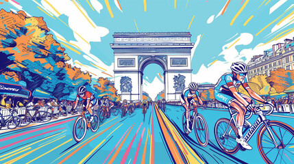 Tour de France cycling sport competition, colored line art illustration; intense race. Spectacular world famous bicycle competition in France, europe. Poster or background design. Arc de Triomphe.