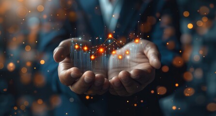 Businessman holding a virtual graph with upward arrows and numbers showing growth market trends for a business plan, development or passenger ATM on a dark backgrou