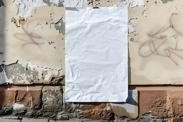 White wrinkled poster template. Glued paper mockup. Blank wheatpaste on textured wall. Empty street art sticker mock up. Clear urban glued advertising mock up. Generative Ai.