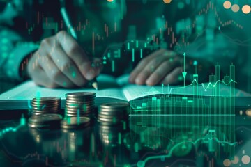 Digital illustration of financial growth with green upward arrows and symbols, coins on a table in the foreground, a person writing numbers into a notebook in the background
