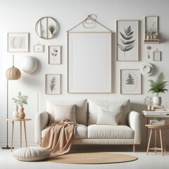 White Couch With Blanket And Picture Frame On The Wall image art harmony has illustrative meaning used for printing.