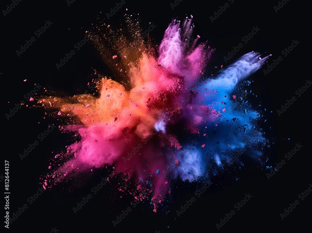 Poster A dynamic image showing a vivid explosion of colored powder against a black background