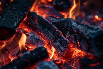 Fototapeta premium Close-up of burning charcoal with intense embers and flames