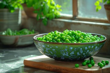 A rustic bowl filled with green peas on a wooden kitchen counter, near a sunlit window - Powered by Adobe