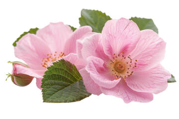 A delicate pink rose bloom with soft petals stands out against a clean white background