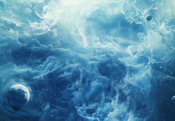 A highly detailed digital art piece depicting a blue cosmic scene with nebulous clouds and celestial bodies