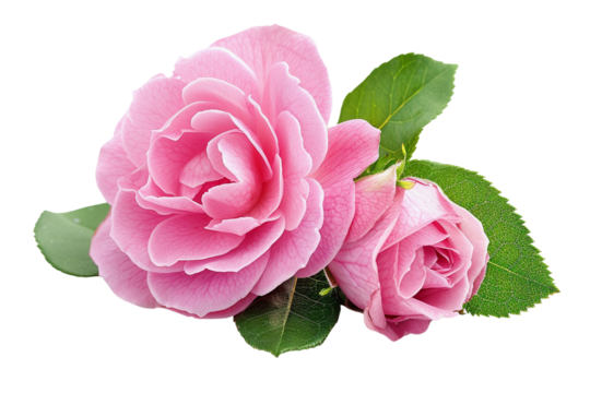 A beautiful pink rose blossom in full bloom, isolated on a white background