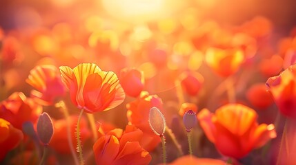 A close-up of vibrant orange poppies blooming in a field, their petals illuminated by the warm glow of the setting sun.