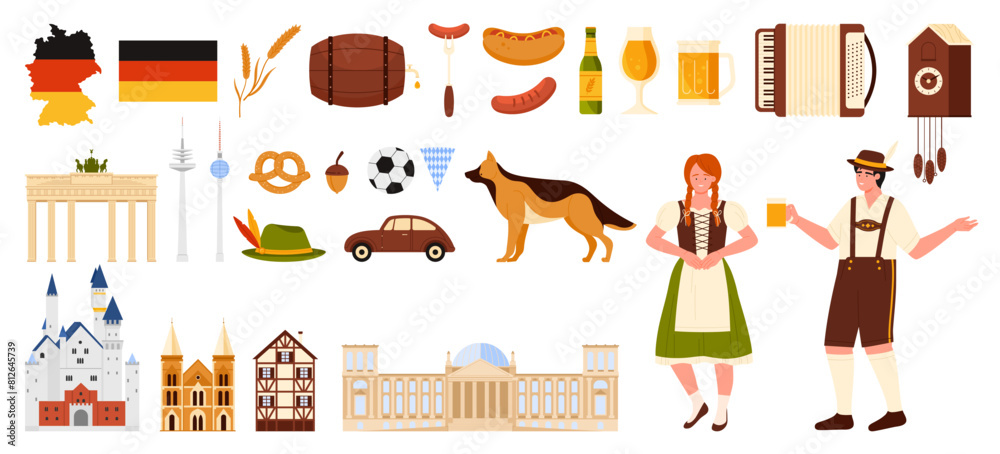 Wall mural travel to germany, national culture symbols and characters set. german man and woman, food of oktobe