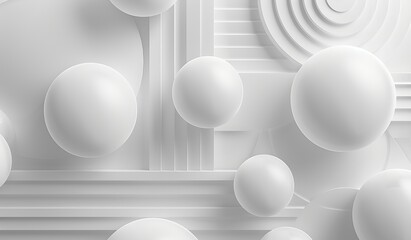 A highly detailed 3D rendering of white spheres on a geometrically patterned backdrop, evoking a sense of order and simplicity