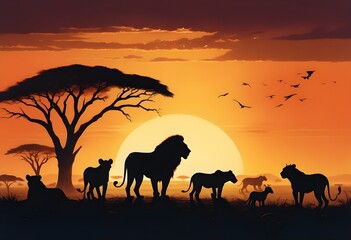 Fototapeta premium a photo of african sunset with african animals