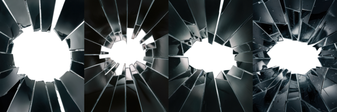 set of broken shattered fragmented glass mirror with transparent background PNG. Premium pen tool cutout. Shards of glass. Broken, shattered, fragmented cracked glass texture hole. 
