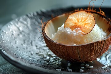 A vibrant image capturing a coconut half filled with crushed ice and a lemon slice, showcasing freshness and tropical flavors