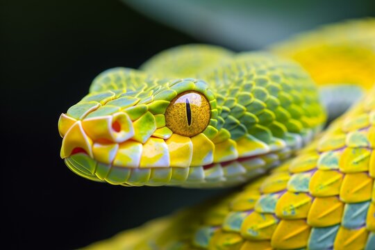 Macro shot of a vivid green tree python resting, showcasing its detailed scales and striking yellow eye