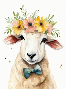 Baby Blacknose Sheep Flower Crown Bowties Animal Nursery Wall Art Print, Generative AI Illustration 