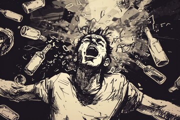 A drawing of a man surrounded by alcohol bottles. Suitable for alcoholism awareness campaigns