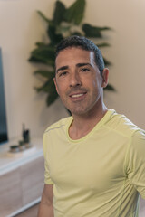 Smiling Young Yog. Portrait of a Joyful Man Ready To Practice Yoga in His Living Room