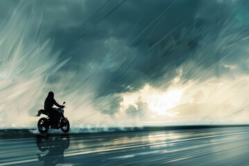 A person riding a motorcycle on a wet road. Suitable for transportation concepts
