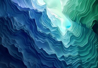 Blue and green gradient background, three-dimensional abstract lines of a rock canyon