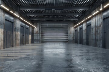 Factory or warehouse or industrial building. Protection with roller door or roller shutter. Modern interior design with concrete floor, steel wall and empty space for industry background. 3d render 