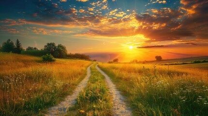Fototapeta premium Beautiful summer landscape Sunset over a meadow with a dirt road