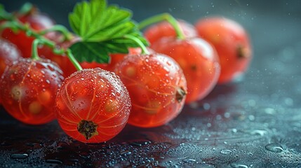   A group of tomatoes sits on a black table, covered in raindrops and surrounded by a lush green leaf