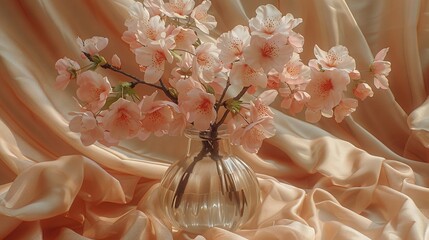   A vase filled with pink flowers sits on top of a bed covered in pink drapes