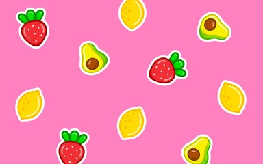 Fruit pattern pink color background. Consists of fresh strawberries, lemon and avocado