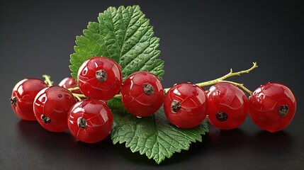   A green plant sits on a black surface, adorned by a cluster of red cherries perched atop its leaves