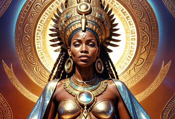 the woman is wearing a gold and silver outfit