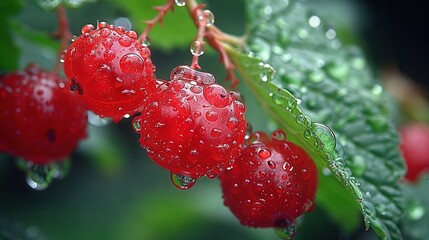   A close-up of a group of red berries on a branch with water drops and green leaves in the background