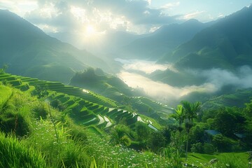 A breathtaking scene with the sun rising over magnificent green rice paddies covered in morning mist and mountains - Powered by Adobe