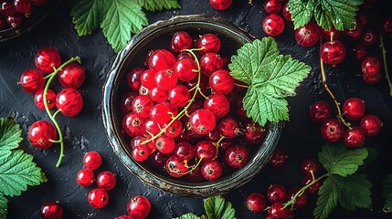   A zoomed-in photo of a cherry bowl on a table, surrounded by leaves and other berries
