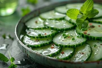 Vibrant close-up of fresh cucumber slices with basil, spices, and droplets of water in a rustic dish, evoking freshness and health