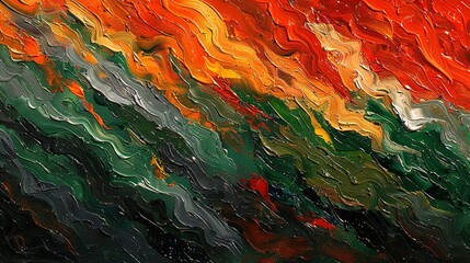   A vibrant abstract depicts red, orange, green, yellow, and white stripes on a dark canvas, adorned with water droplets