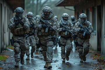 A squad of uniformed soldiers quick-marching in the rain, potentially heading to an urgent assignment or mission