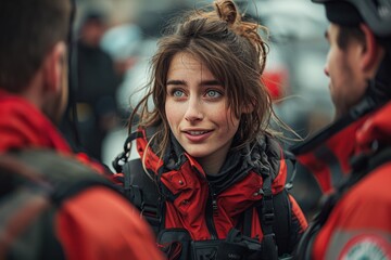 Obraz premium A woman with a high ponytail engaged in a conversation with her team, all wearing red gear