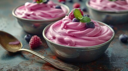   A close-up of a bowl of food with berries on one side, and two bowls of food with berries on the other sides