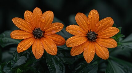   Two orange flowers with water droplets and a green plant in the background